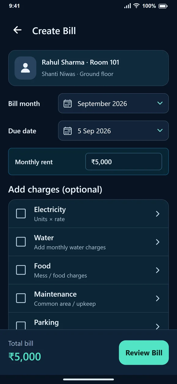Create Bill with rent, due date and optional charges
