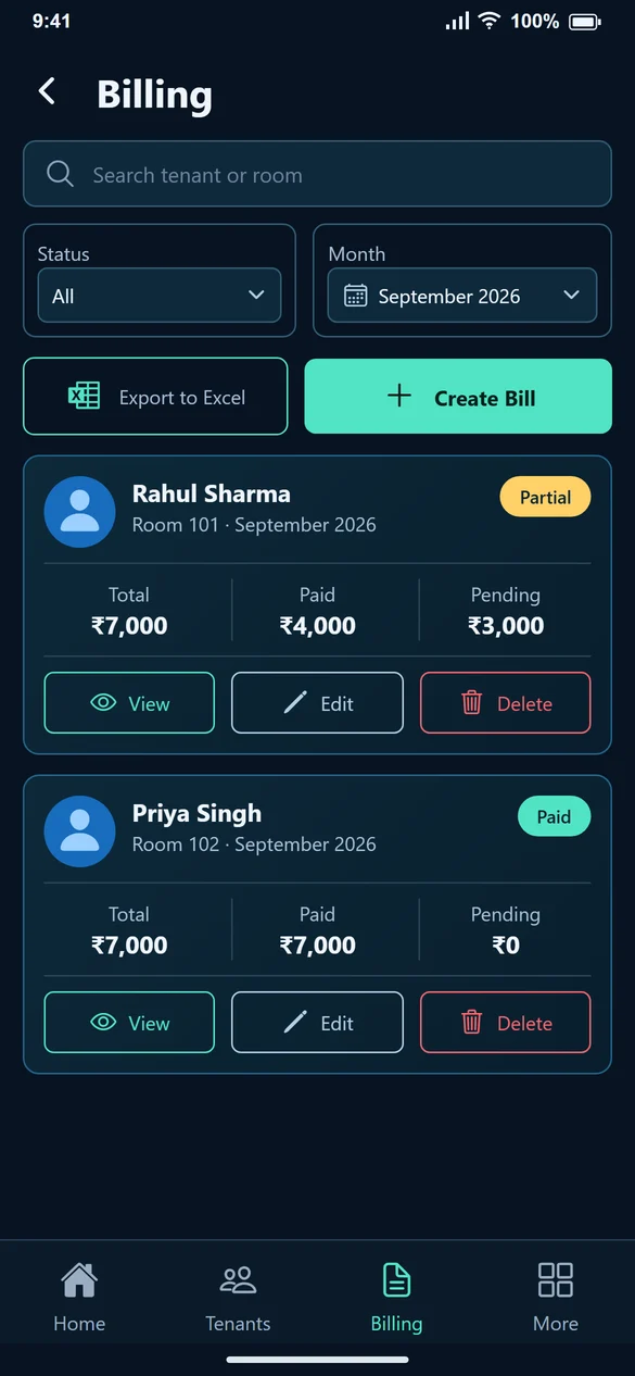 Billing list showing total, paid and pending amounts