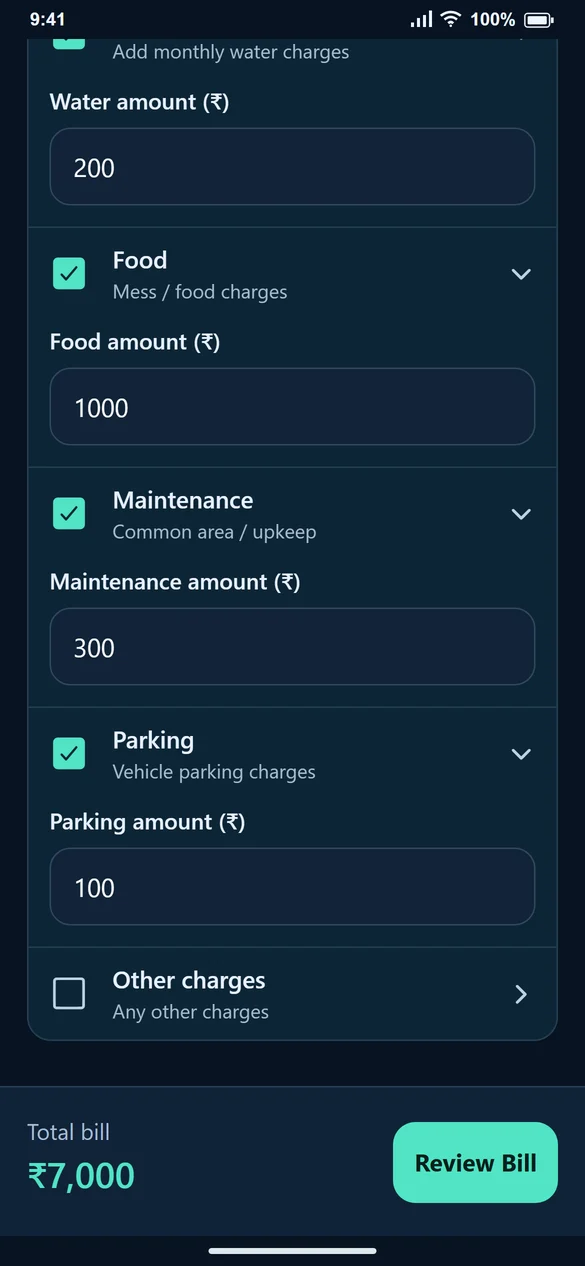 Optional bill charges with a total of 7,000 rupees