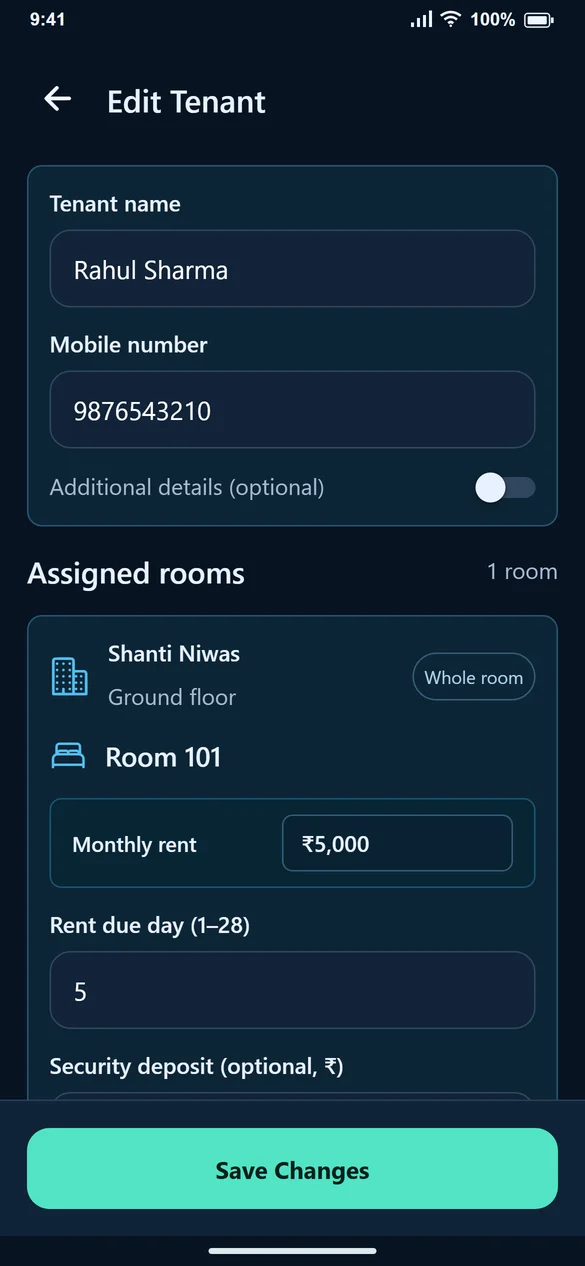Edit Tenant showing personal details and assigned rooms