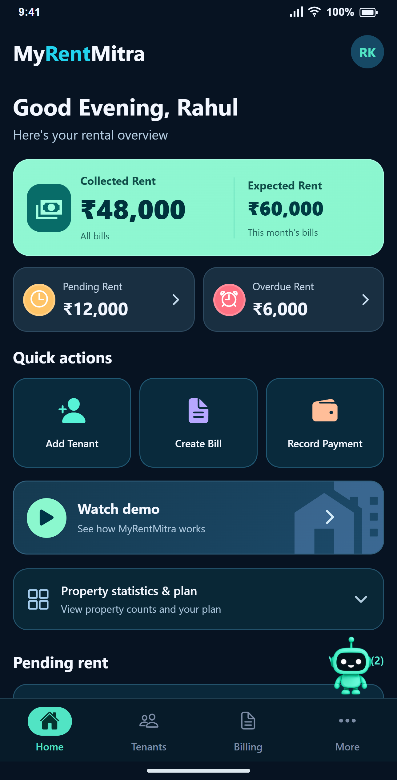 MyRentMitra rent management app dashboard with collected, expected, pending and overdue rent, plus tenant, bill and payment actions. Sample data.