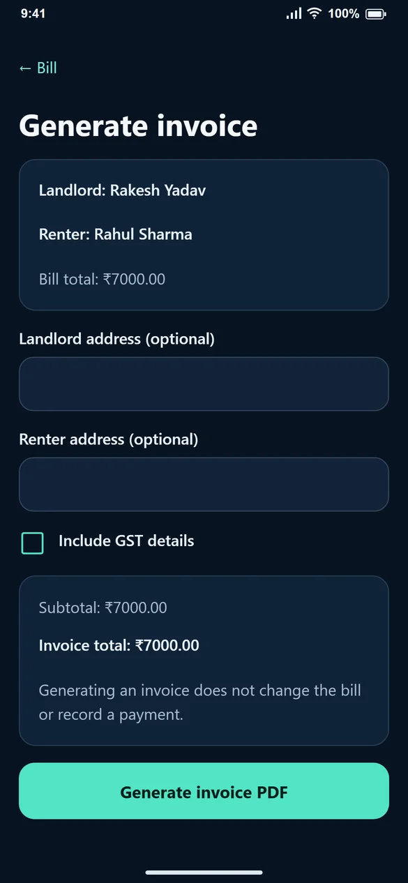 Generate invoice form with optional GST details