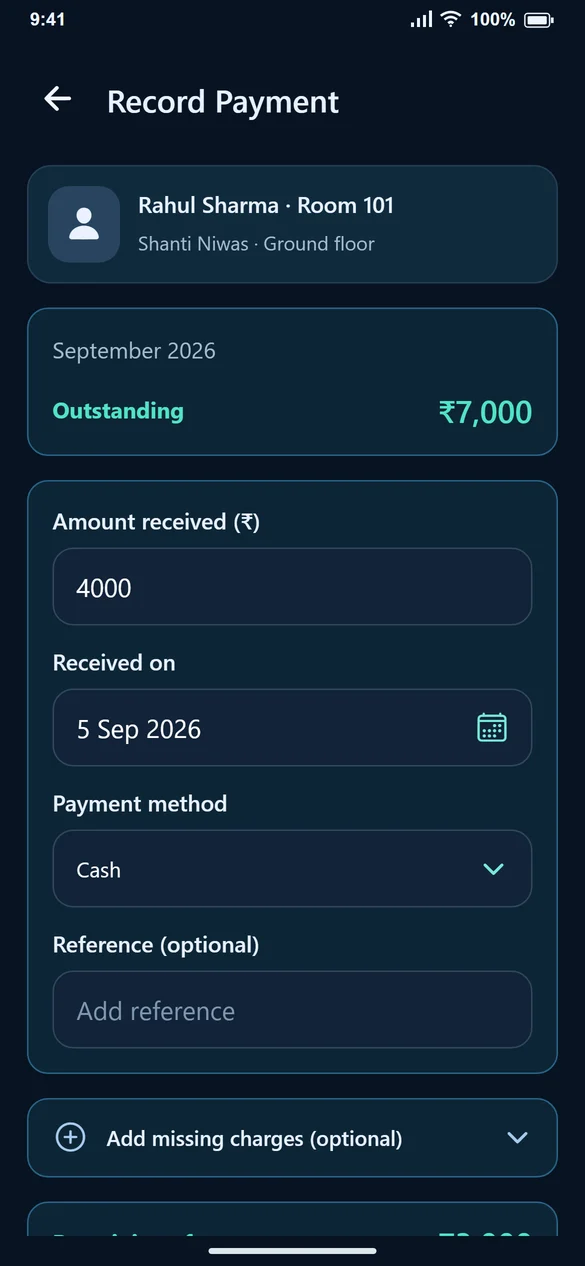 Record Payment for Rahul with 4,000 rupees entered