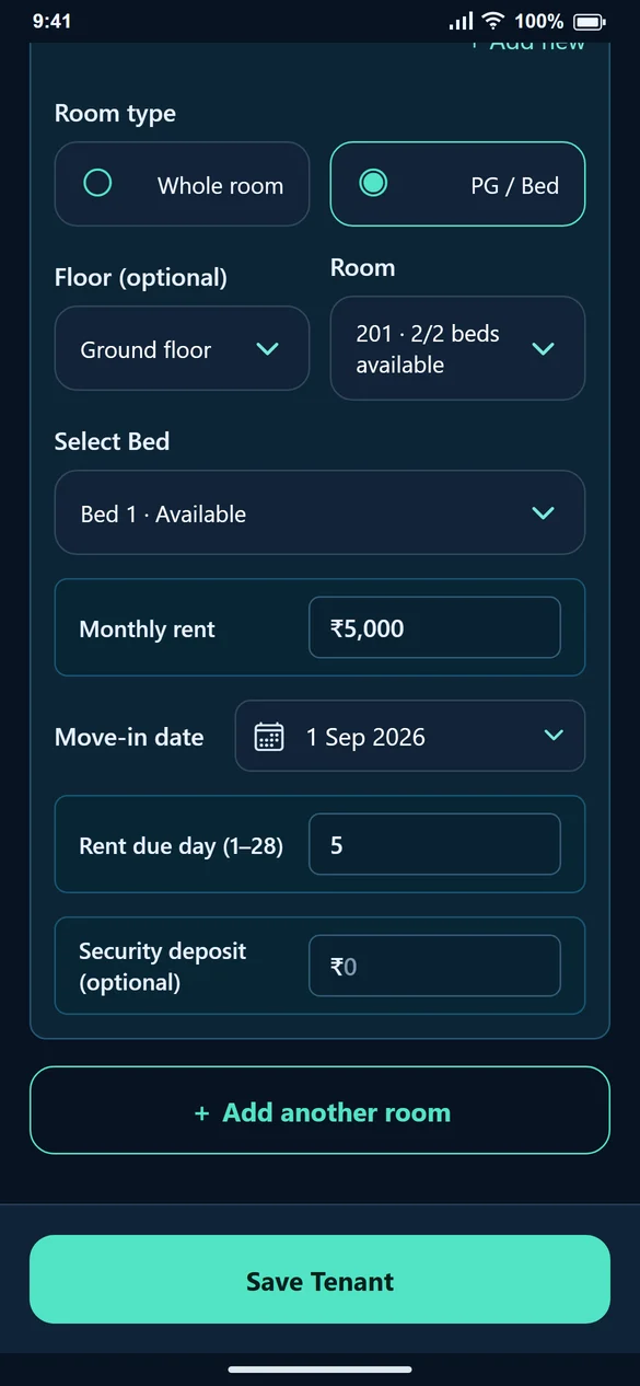 PG room with Bed 1 selected
