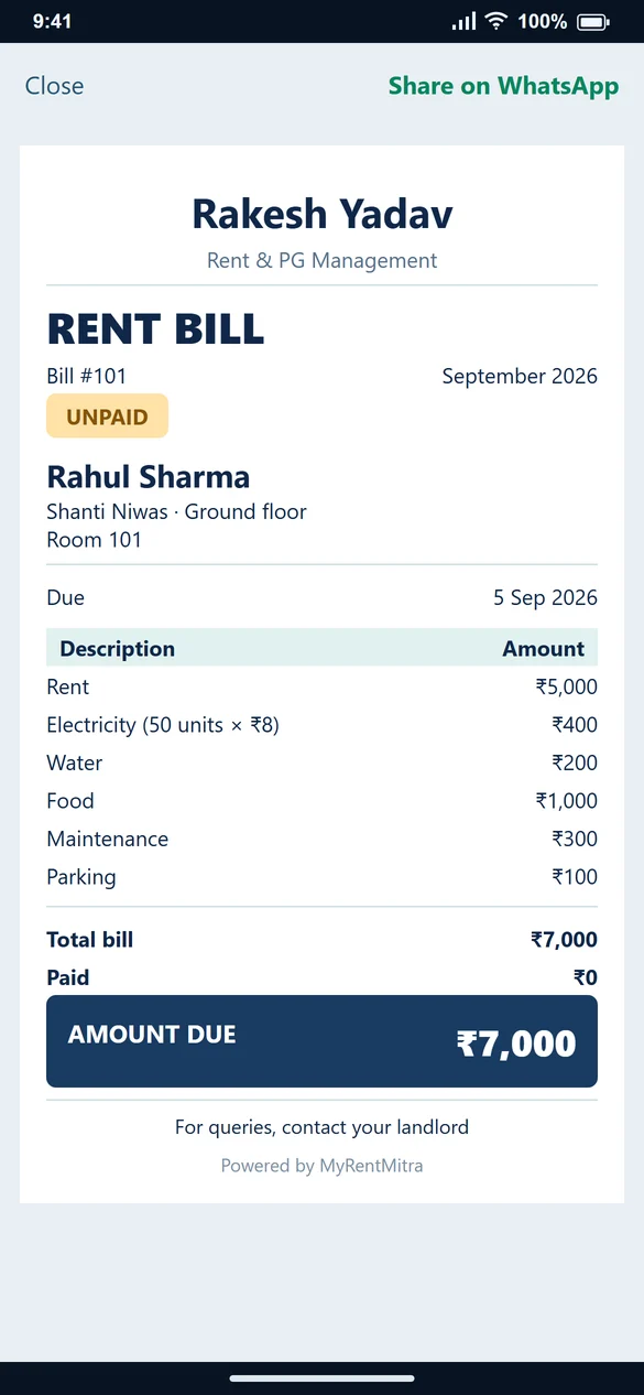 Sample rent bill image with individual charges