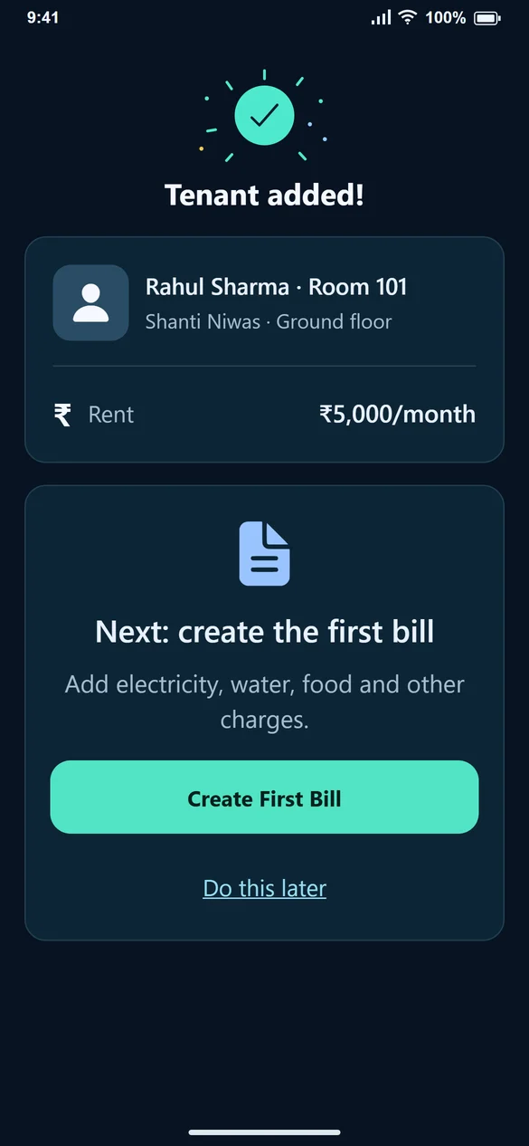 Tenant added confirmation with Create First Bill