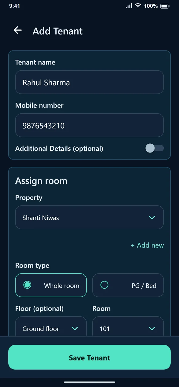 Add Tenant form with Rahul Sharma, Shanti Niwas and Room 101